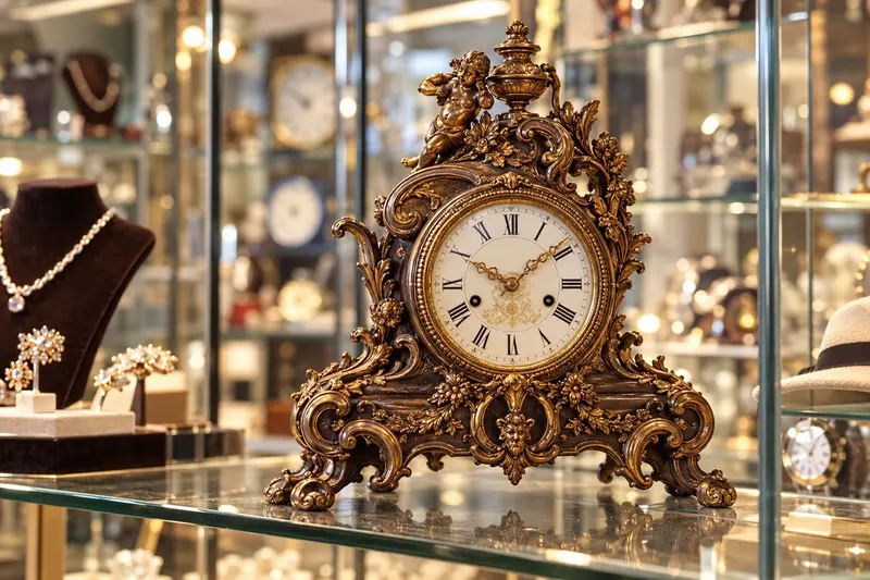 Antike Tischuhr mit verzierten Bronzeornamenten und römischen Ziffern in einer Glasvitrine.