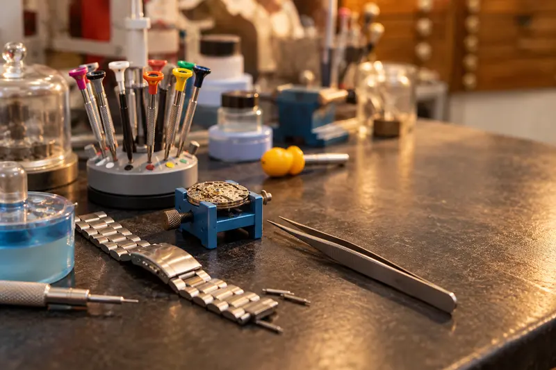 Werkbank eines Uhrmachers: Schraubendreher im Ständer, ein Uhrwerk im blauen Halter, eine Pinzette und ein Metallarmband.
