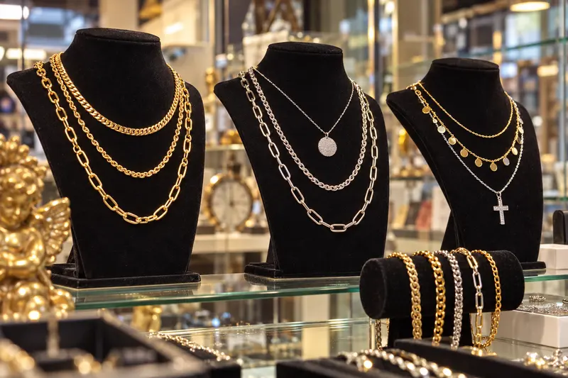 Goldene und silberne Ketten und Anhänger auf schwarzen Samtbüsten in der Vitrine.