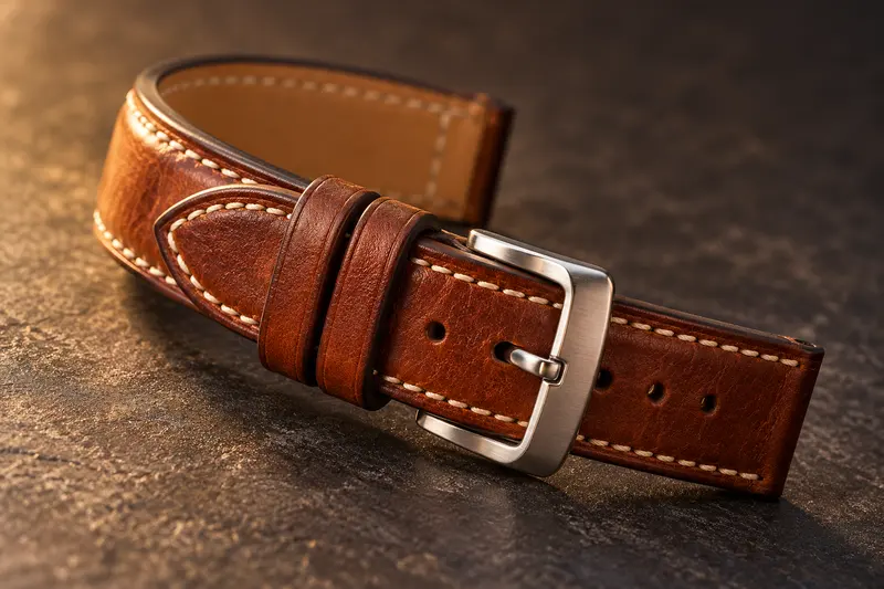 Nahaufnahme eines cognacfarbenen Lederarmbands mit heller Naht und gebürsteter Dornschließe.