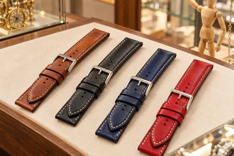 Vier Lederarmbänder in Braun, Schwarz, Blau und Rot mit heller Naht liegen auf einer Vitrine.