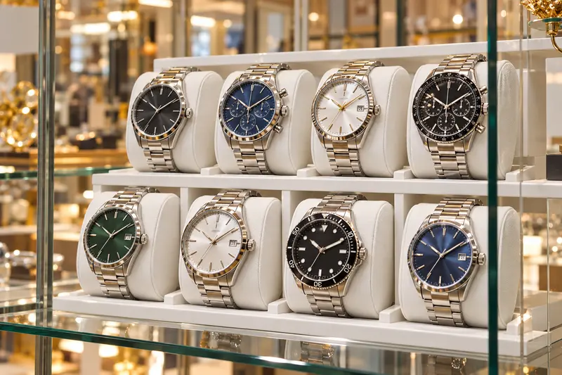 Armbanduhren mit Edelstahlarmband auf weißen Kissen in einer Glasvitrine.